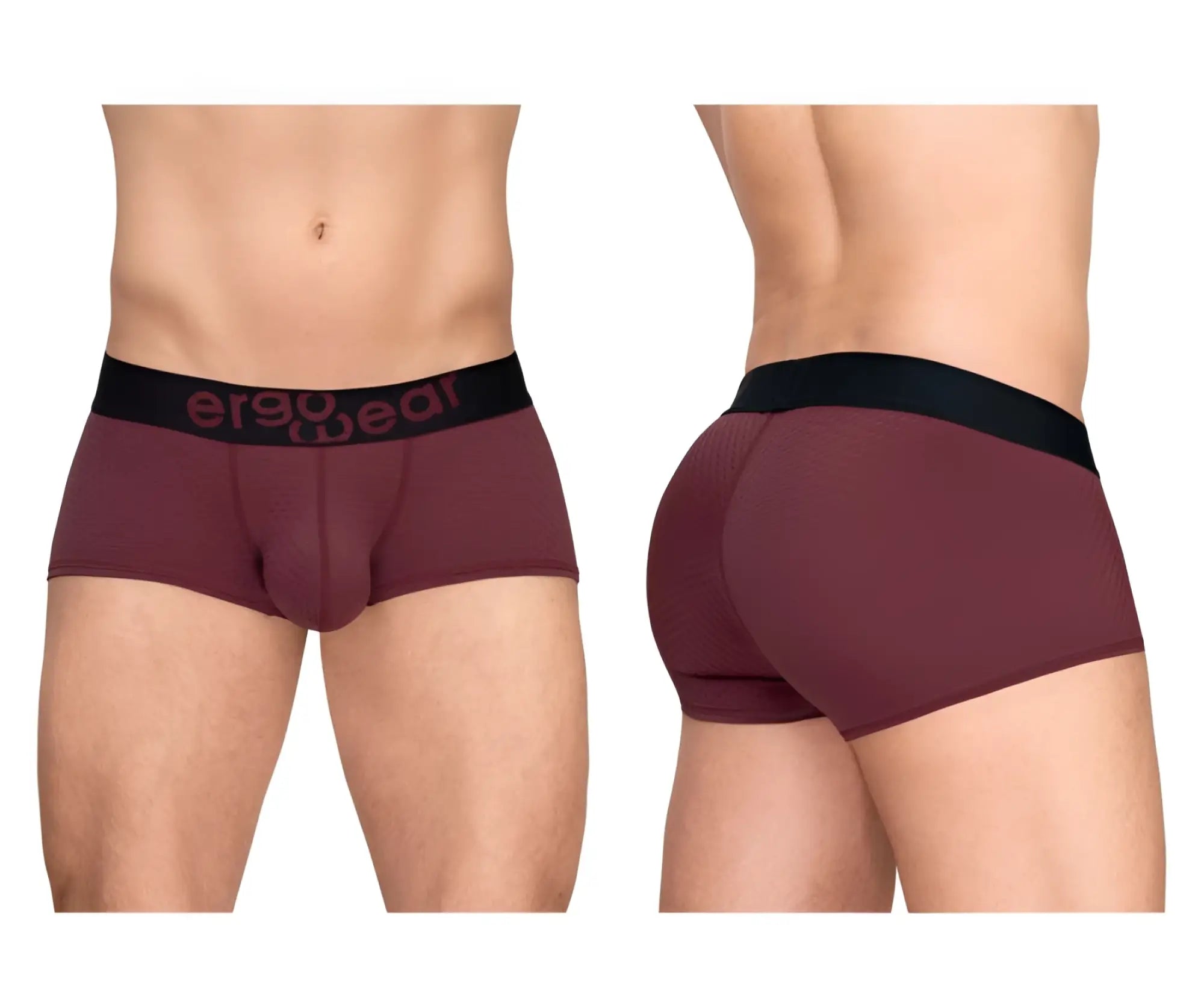 Ergo wear ew1795 max flow burgundy ergonomic briefs with black waistband featuring ergo wear branding