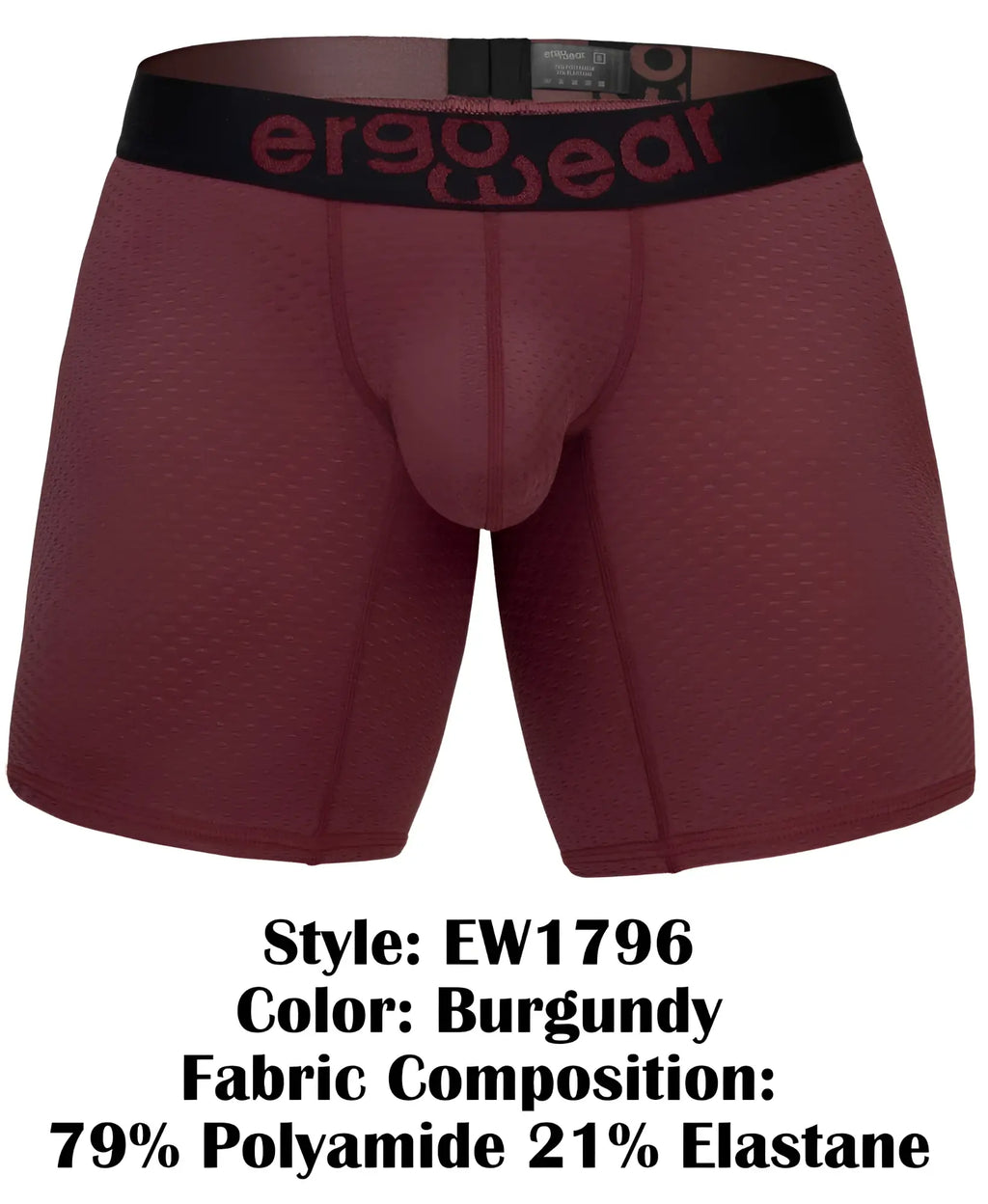 Ergowear ew1796 max flow boxer briefs in burgundy with black waistband logo made of 79 polyamide 21 elastane