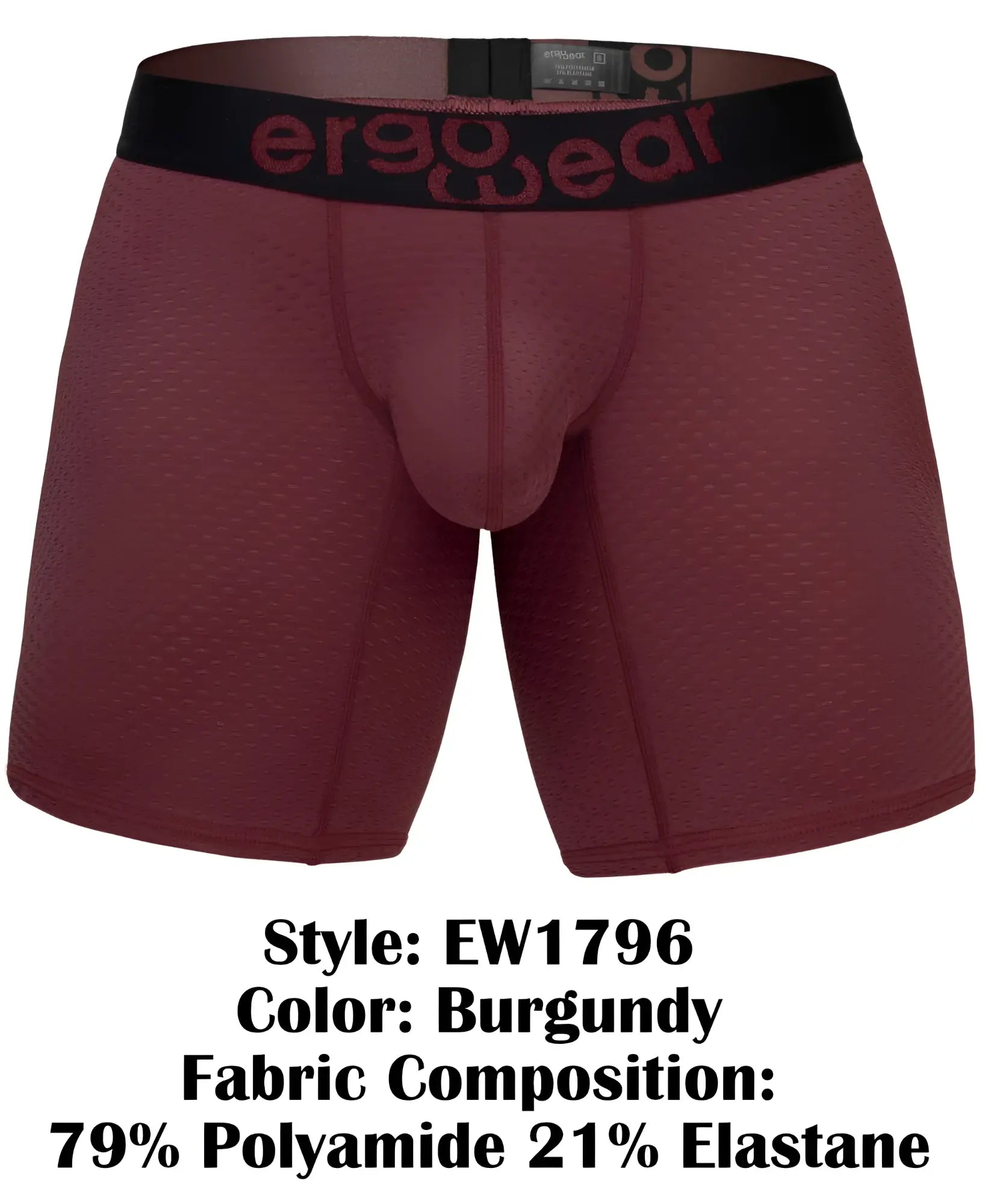 Ergowear ew1796 max flow boxer briefs in burgundy with black waistband logo made of 79 polyamide 21 elastane