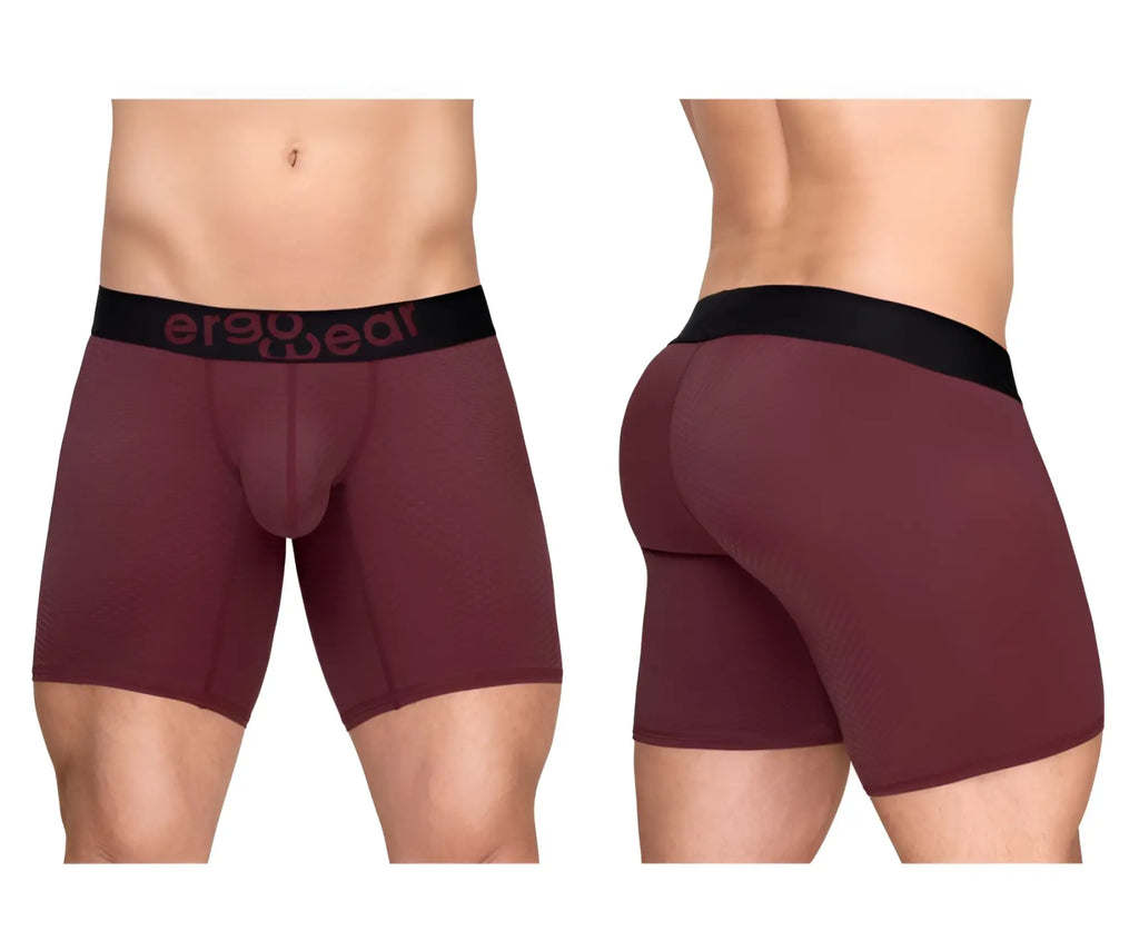 Maroon ergo wear ew1796 max flow boxer briefs with ergonomic design and black waistband for all day comfort
