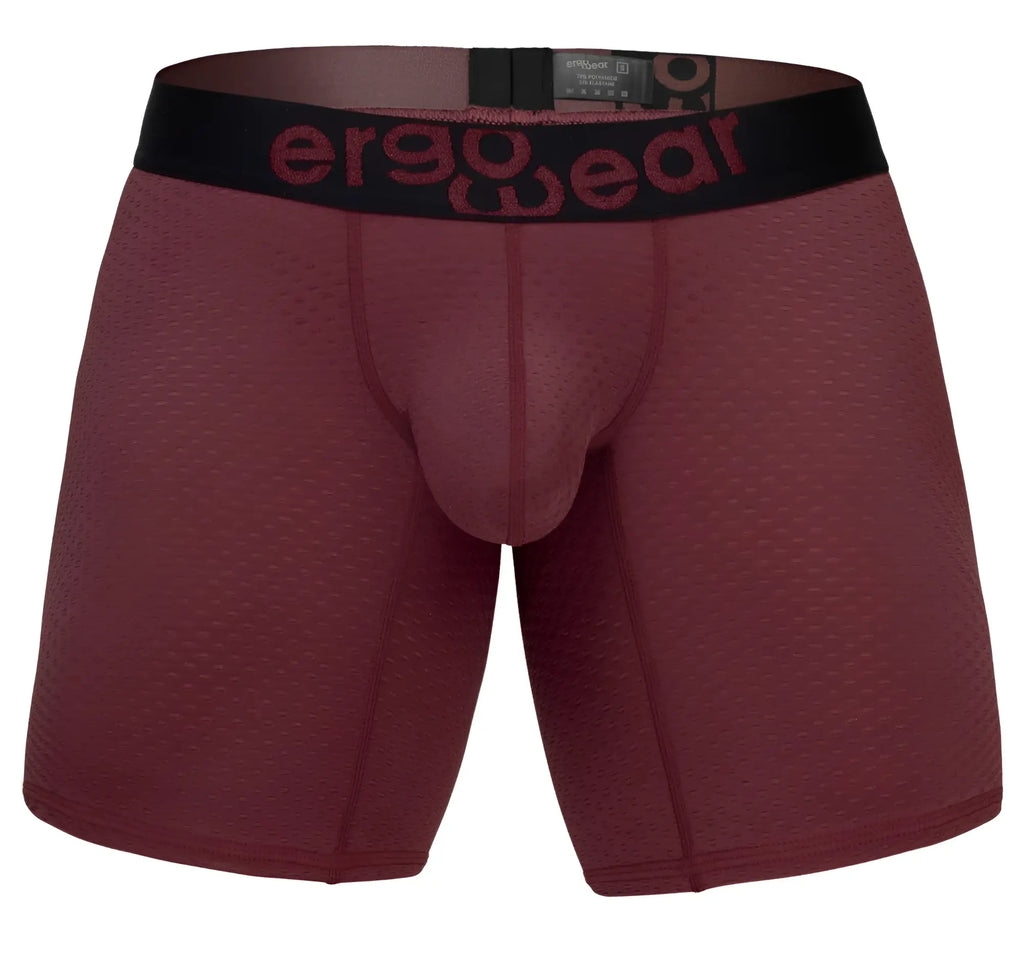 Ergowear ew1796 max flow maroon ergonomic boxer briefs with black waistband featuring ergo wear logo in red