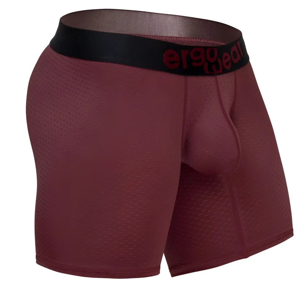 Ergo wear ew1796 max flow maroon ergonomic boxer briefs with black waistband and red logo for all day comfort