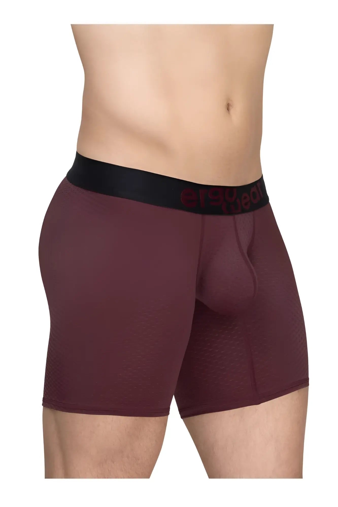 Ergofit ew1796 max flow maroon textured boxer briefs with black elastic waistband and red lettering