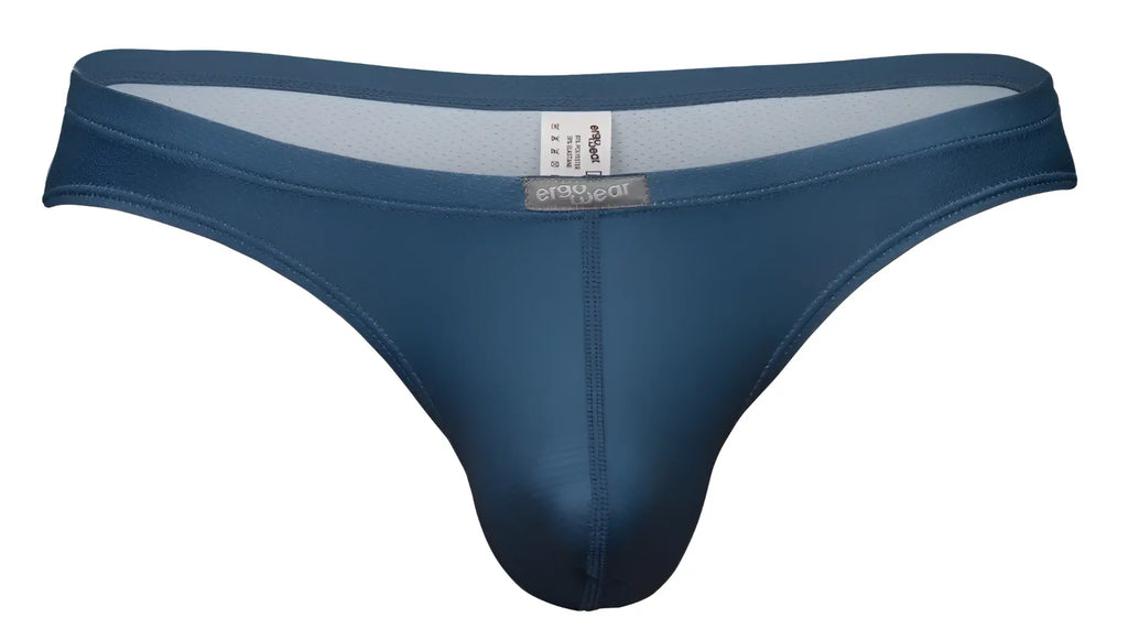 Deep blue ErgoWear EW1797 X4D SE thong in sleek satin with subtle seam and adjustable waistband
