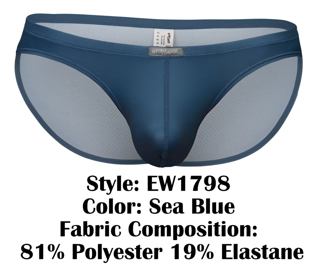 Sea blue mens briefs with satin-like fabric mesh lining and erowear label on waistband from ergowear ew1798 x4d bikini