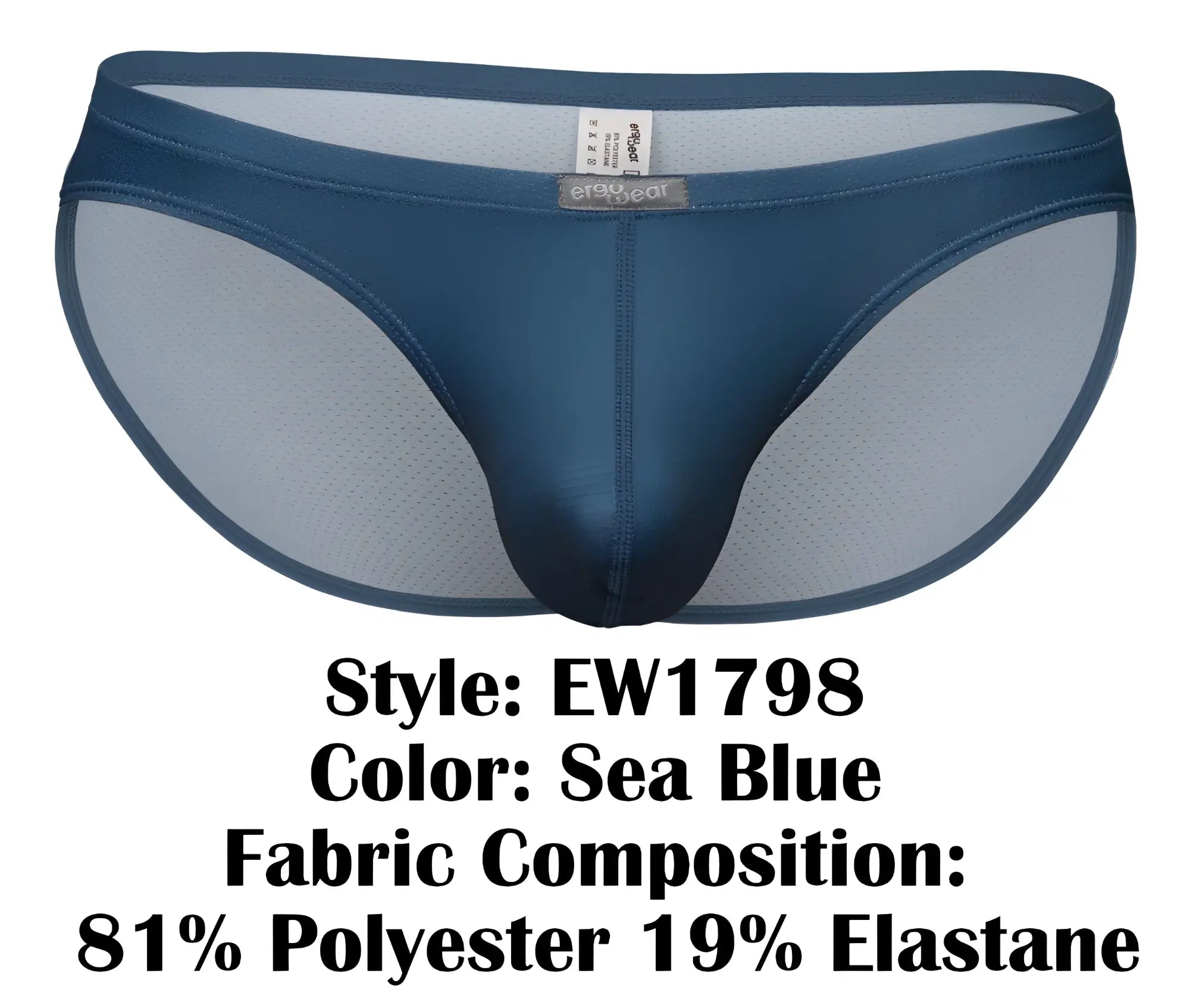 Sea blue mens briefs with satin-like fabric mesh lining and erowear label on waistband from ergowear ew1798 x4d bikini