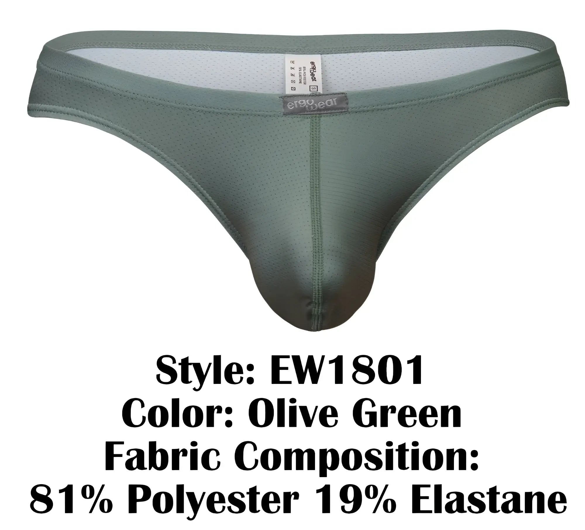 Olive green men’s thong ergo wear ew1801 x4d se made of 81 polyester 19 elastane with mesh interior
