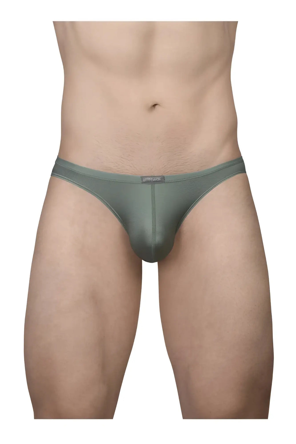 A sleek olive green ergoWear EW1801 X4D SE thong with smooth form-fitting fabric and a subtle waistband tag