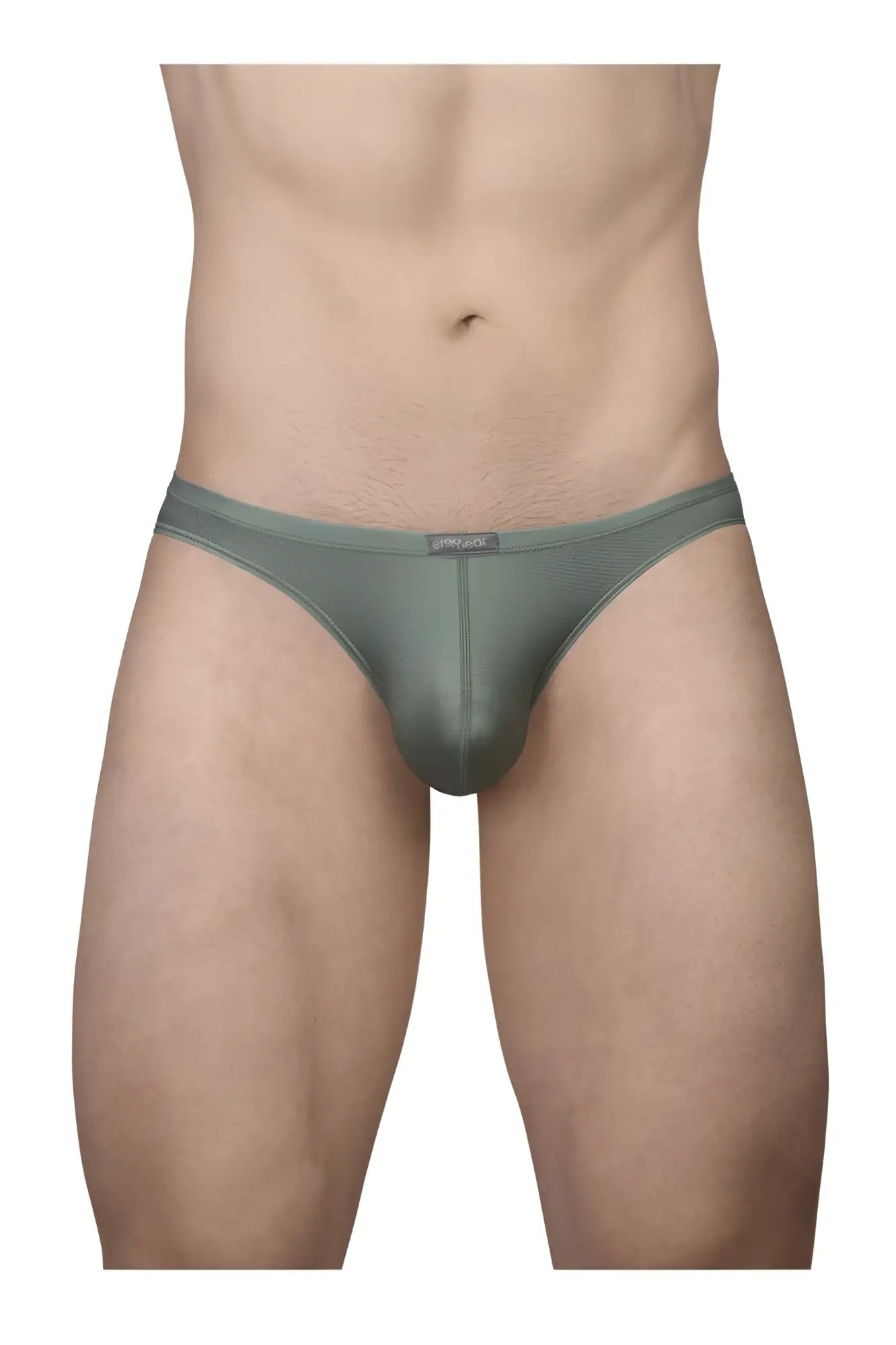 A sleek olive green ergoWear EW1801 X4D SE thong with smooth form-fitting fabric and a subtle waistband tag