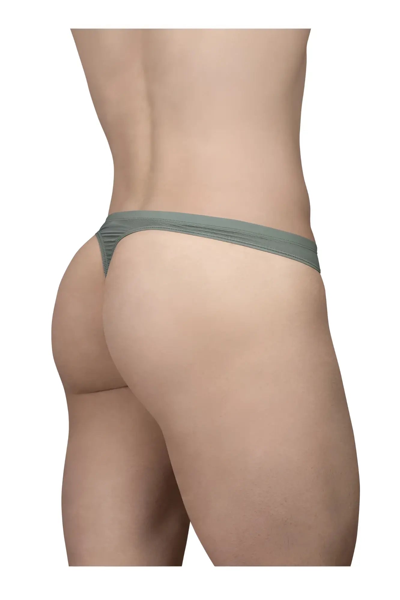 A sleek olive green ergo wear ew1801 x4d se thong made of smooth stretchy fabric with a subtle ribbed waistband