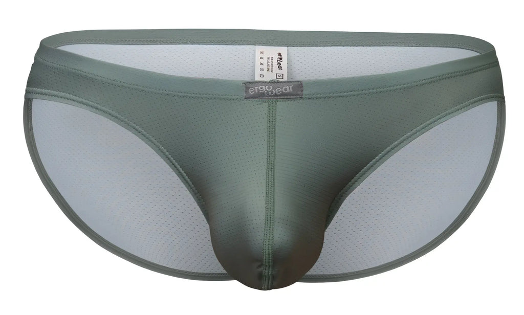 Olive green ergo wear ew1802 x4d se bikini briefs with mesh sides and solid front panel featuring erag bear label