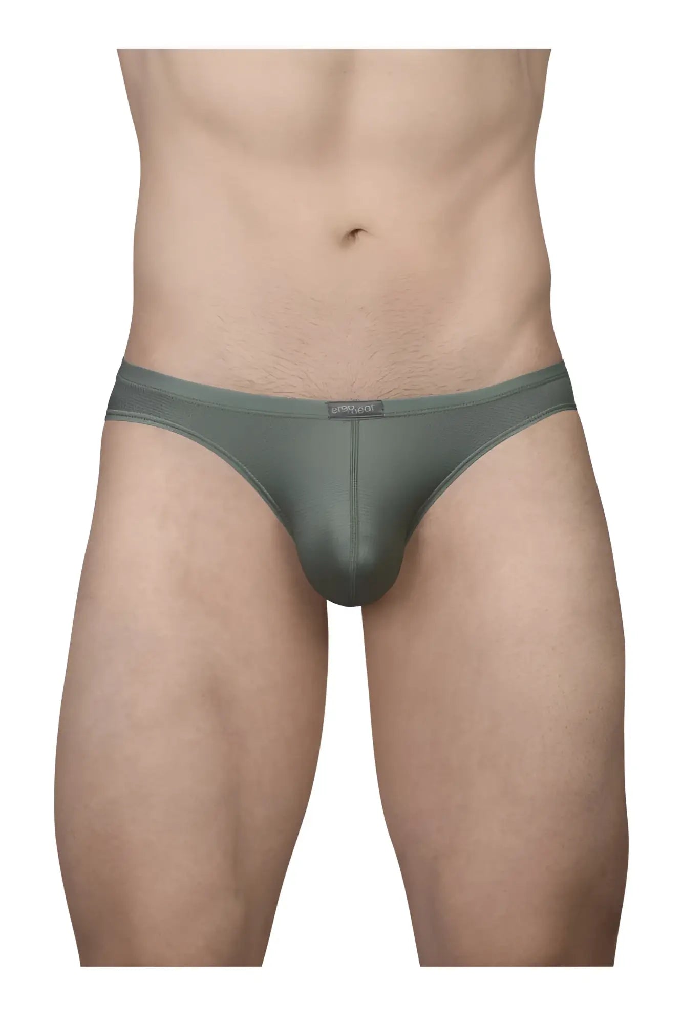 A sleek dark olive green ergonomic men’s brief with smooth form-fitting design and subtle waistband branding