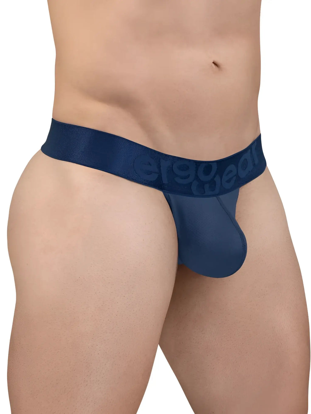 Navy blue sheer mesh jockstrap with solid fabric waistband and ergo wear logo in ergo wear ew1812 max bold se g-string
