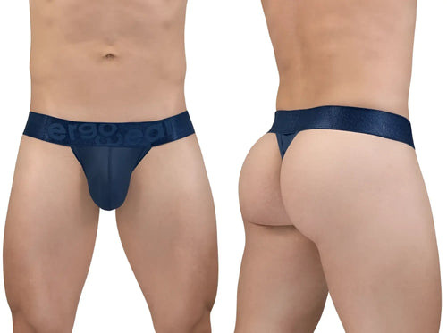 Navy blue sheer mesh thong with wide elastic waistband featuring debossed eregg branding for bold style