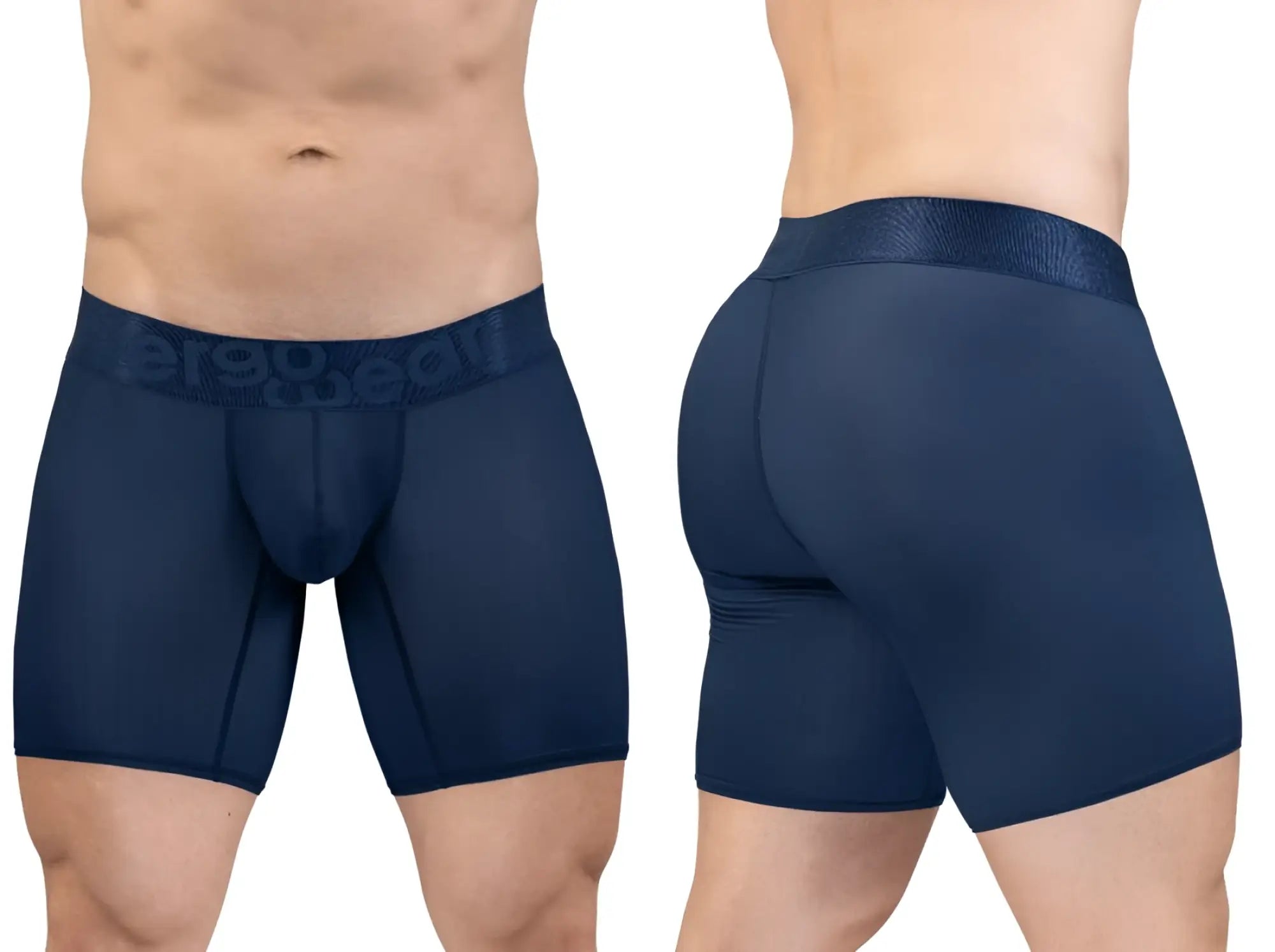 Navy blue ergo gear men’s boxer briefs with textured waistband featuring brand name for comfort and support