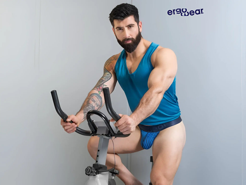 Blue ErgoWear EW1816 MAX BOLD SE ergonomic exercise bike with black handlebars and silver frame in mid blue