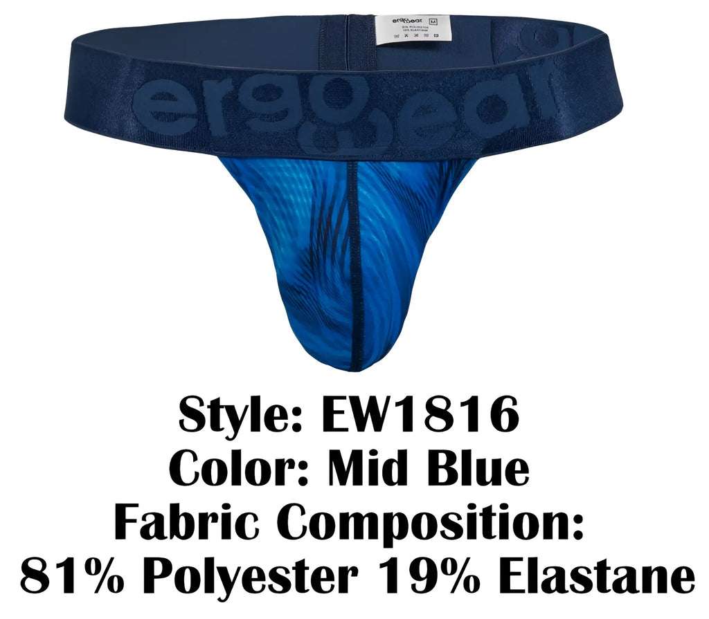 Mid blue ergonomic thong with subtle feather pattern and branded waistband from ergogear shown from the back side