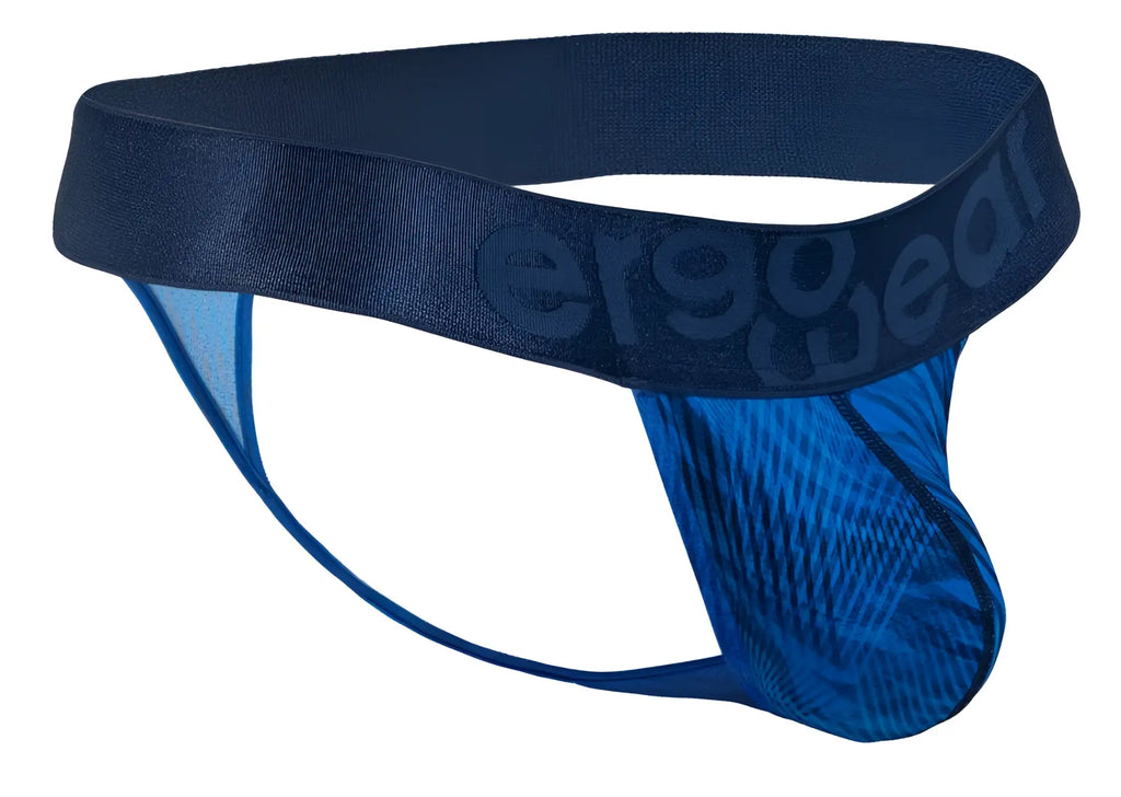 Navy blue ergonomic g-string brief with textured mesh design and ergo gear logo on waistband in mid blue color