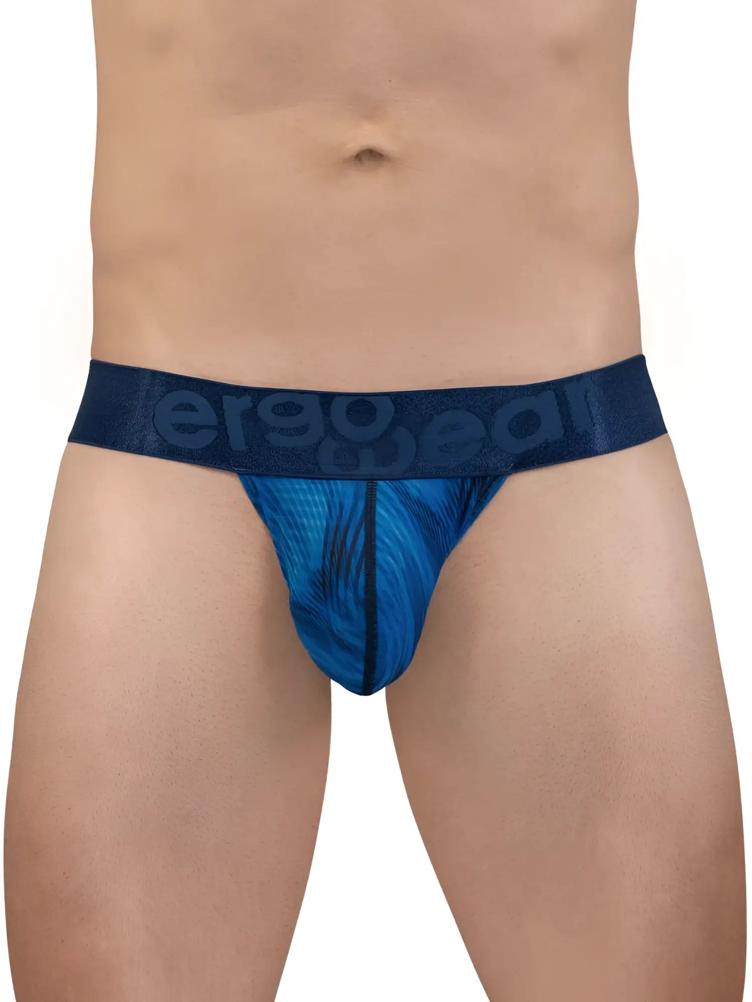 Blue patterned mens briefs with dark blue elastic waistband featuring ergo wear logo in mid blue color