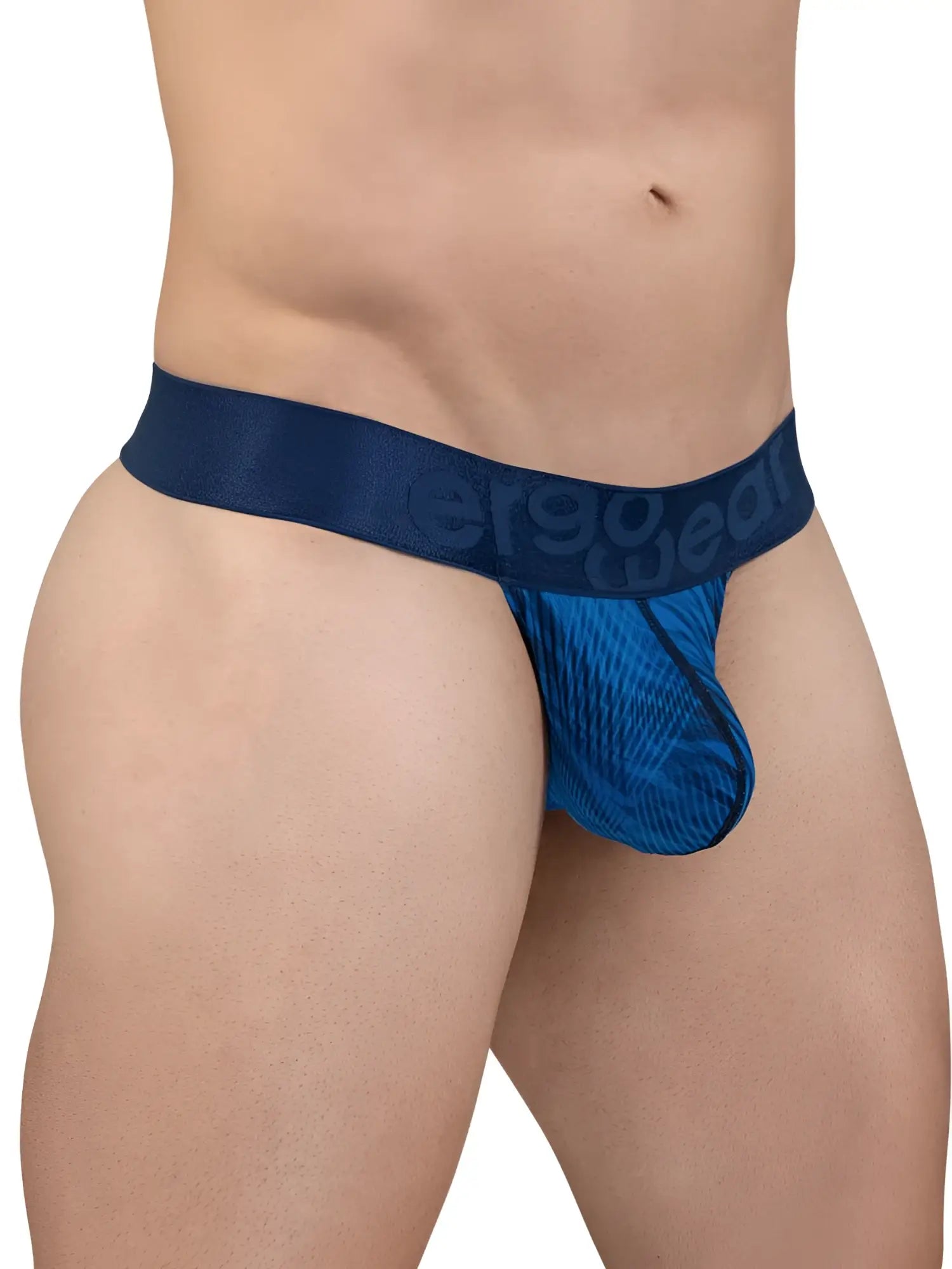 ErgoWear ew1816 max bold se men’s g-string in mid blue with blue pattern and navy waistband with logo