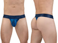 Blue patterned thong with dark blue elastic waistband featuring the brand name erogad in white lettering