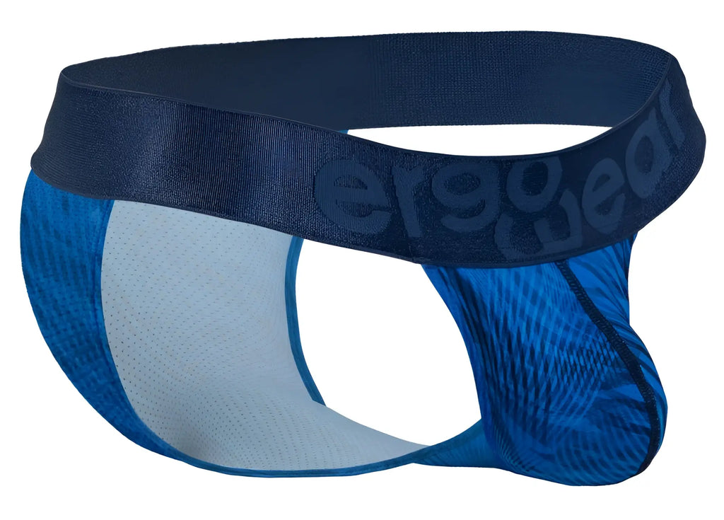 Blue and light blue patterned mens briefs with dark navy ergo wear waistband in mid blue bikini style