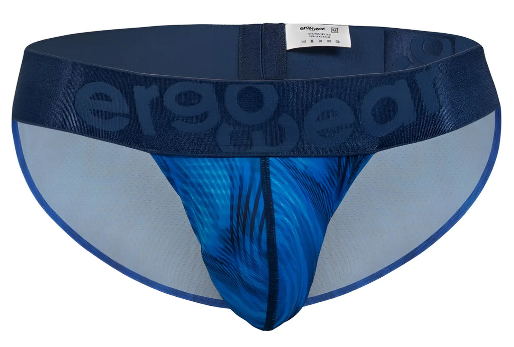 Blue patterned men’s briefs with dark blue elastic waistband featuring ergo wear logo in mid blue color
