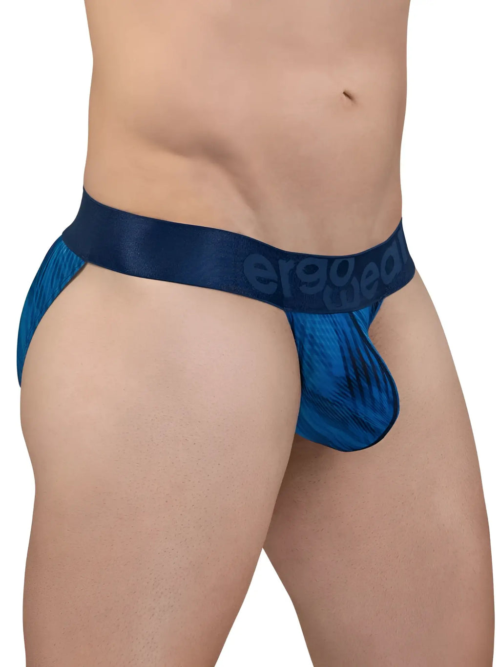 Blue patterned men’s briefs with satin-like waistband featuring ergo wear brand name in mid blue color