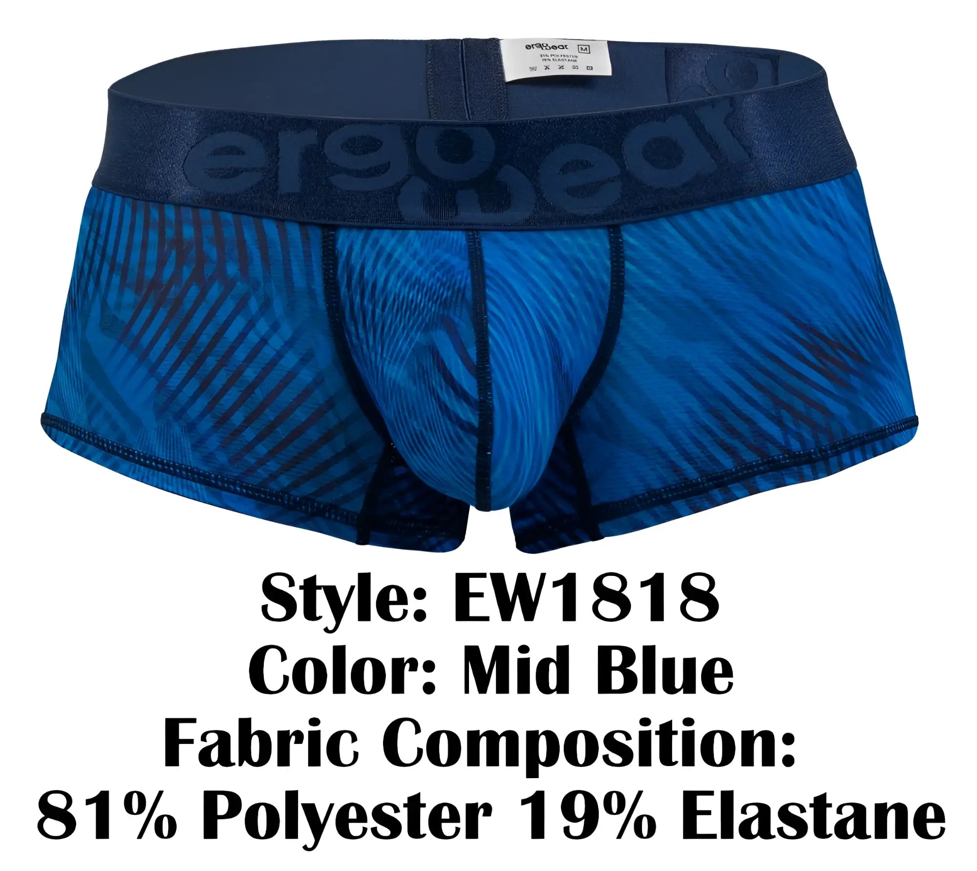 Mid blue ergo wear ew1818 max bold se trunks boxer briefs with textured fabric and elastic branded waistband