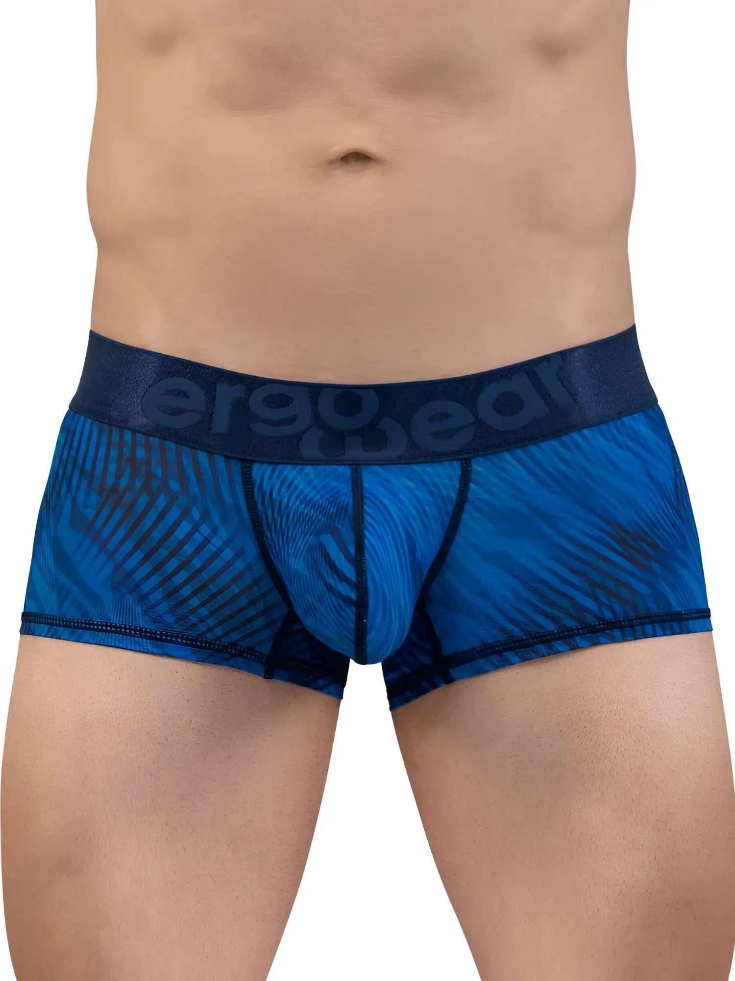 Blue patterned men’s boxer briefs with dark blue ergo gear waistband in mid blue from ergowear ew1818 max bold se trunks