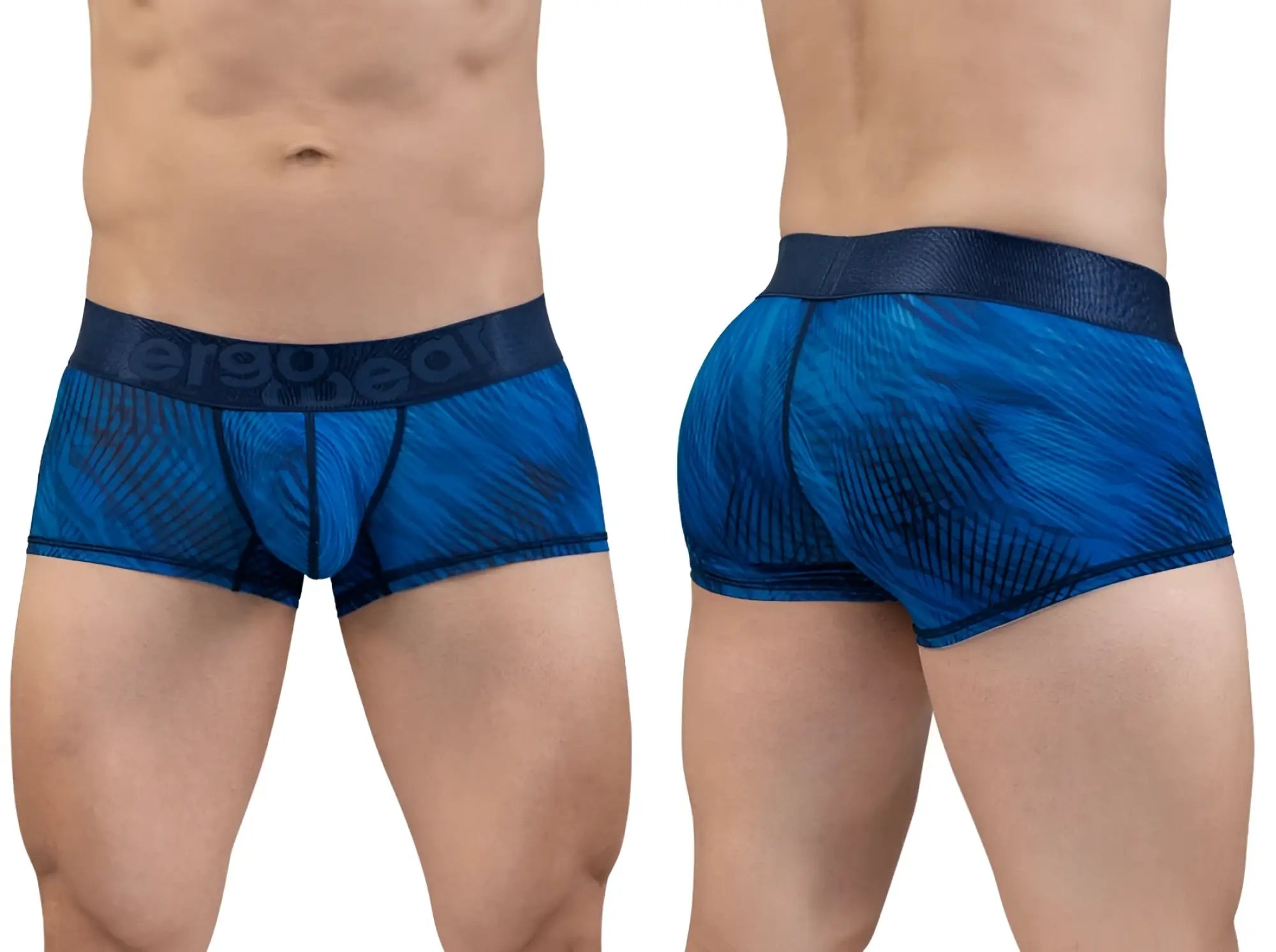 Blue patterned men’s boxer briefs with textured waistband ergoWear ew1818 max bold se trunks mid blue color