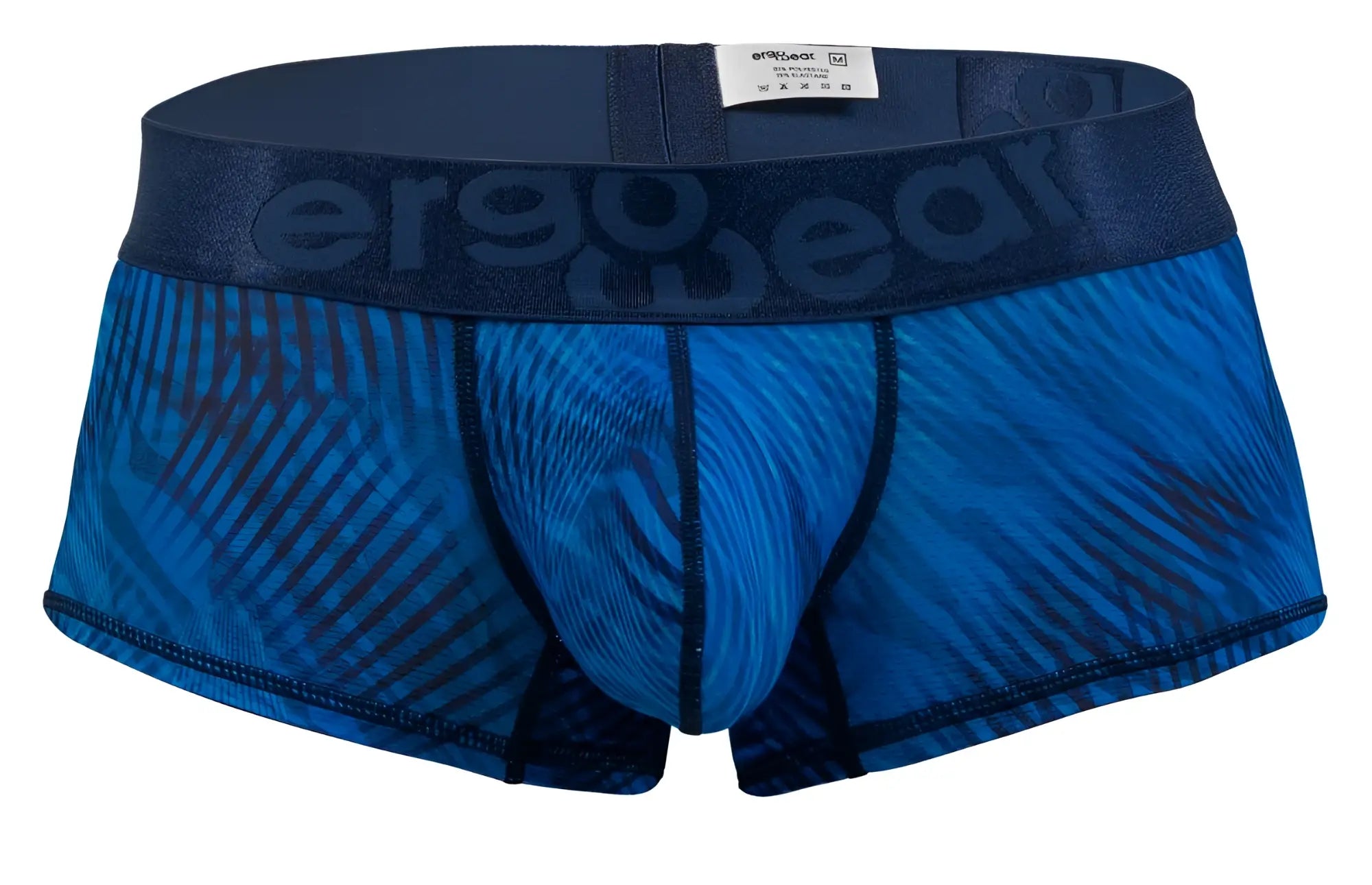 Blue patterned men’s briefs with dark blue ergo wear waistband in mid blue from ergo wear ew1818 max bold se trunks