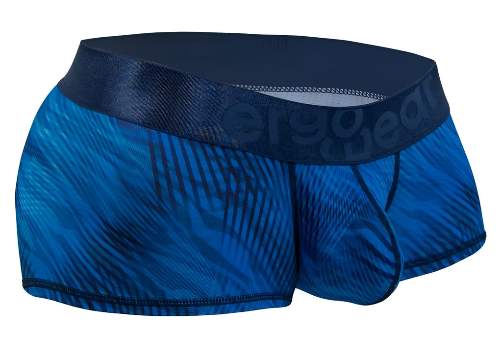 Blue patterned ergo wear ew1818 max bold se trunks with dark blue elastic waistband in mid blue color