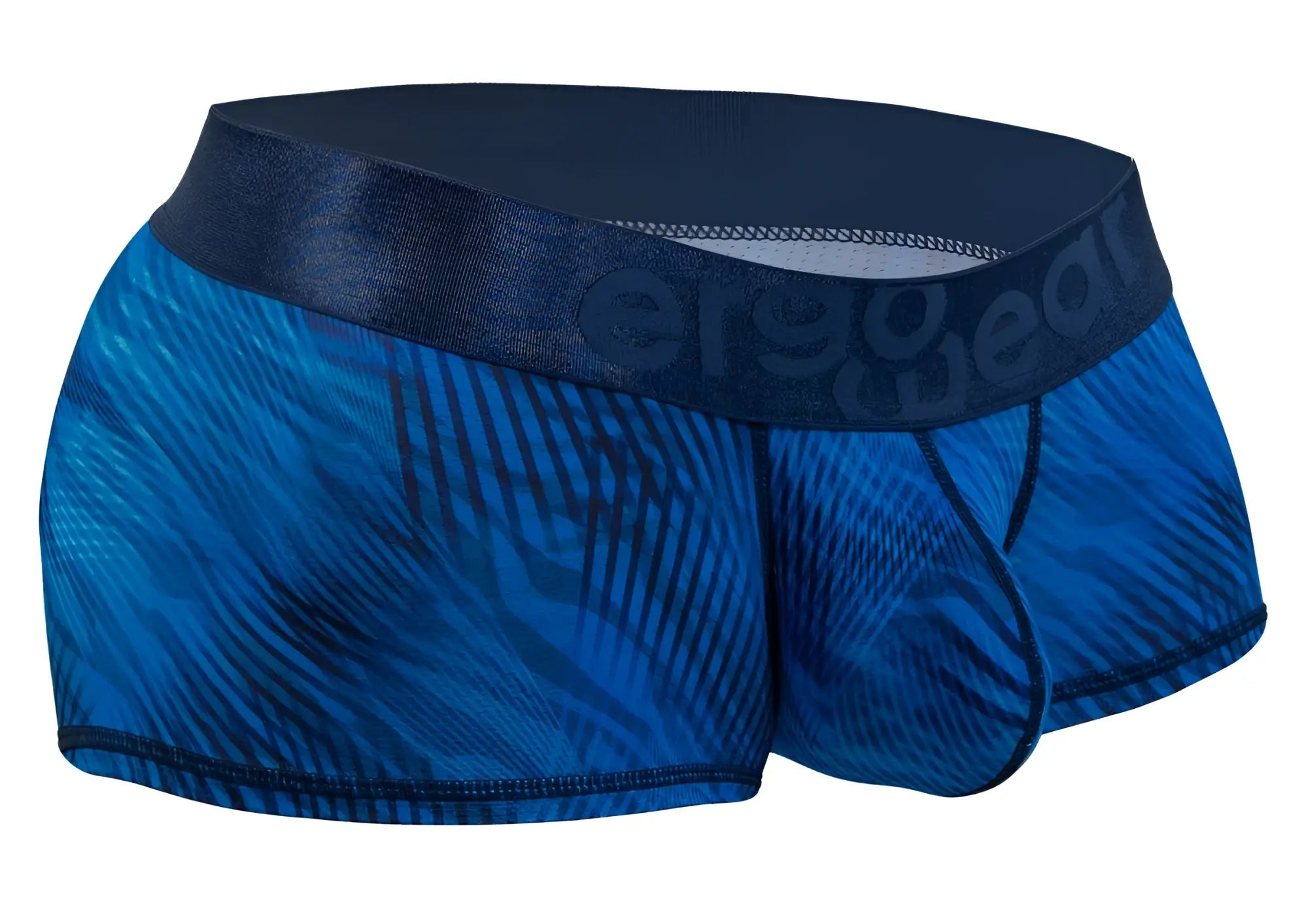 Blue patterned ergo wear ew1818 max bold se trunks with dark blue elastic waistband in mid blue color