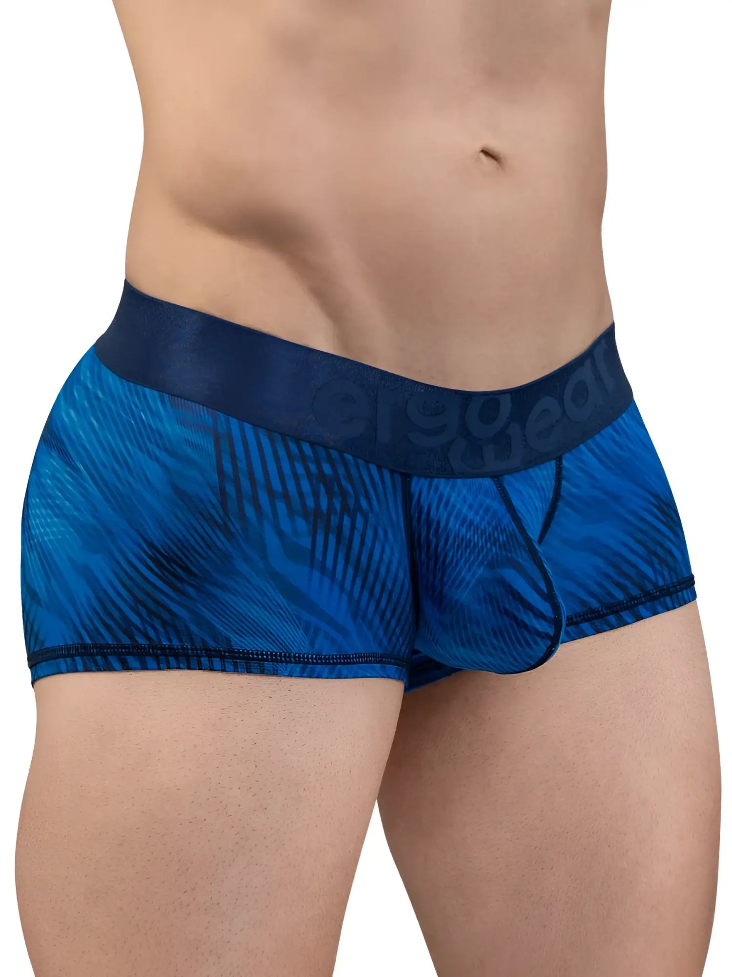 Blue tropical patterned ergoWear ew1818 max bold se trunks with dark blue elastic waistband in mid blue color