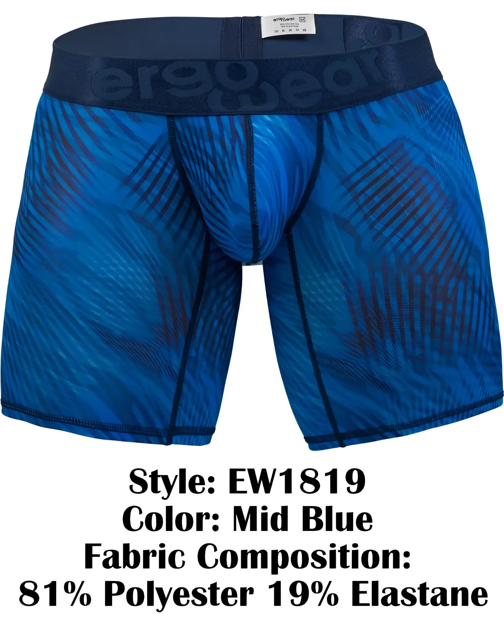 Mid blue ergoWear boxer briefs with dynamic geometric pattern and elastic waistband featuring ergobed label