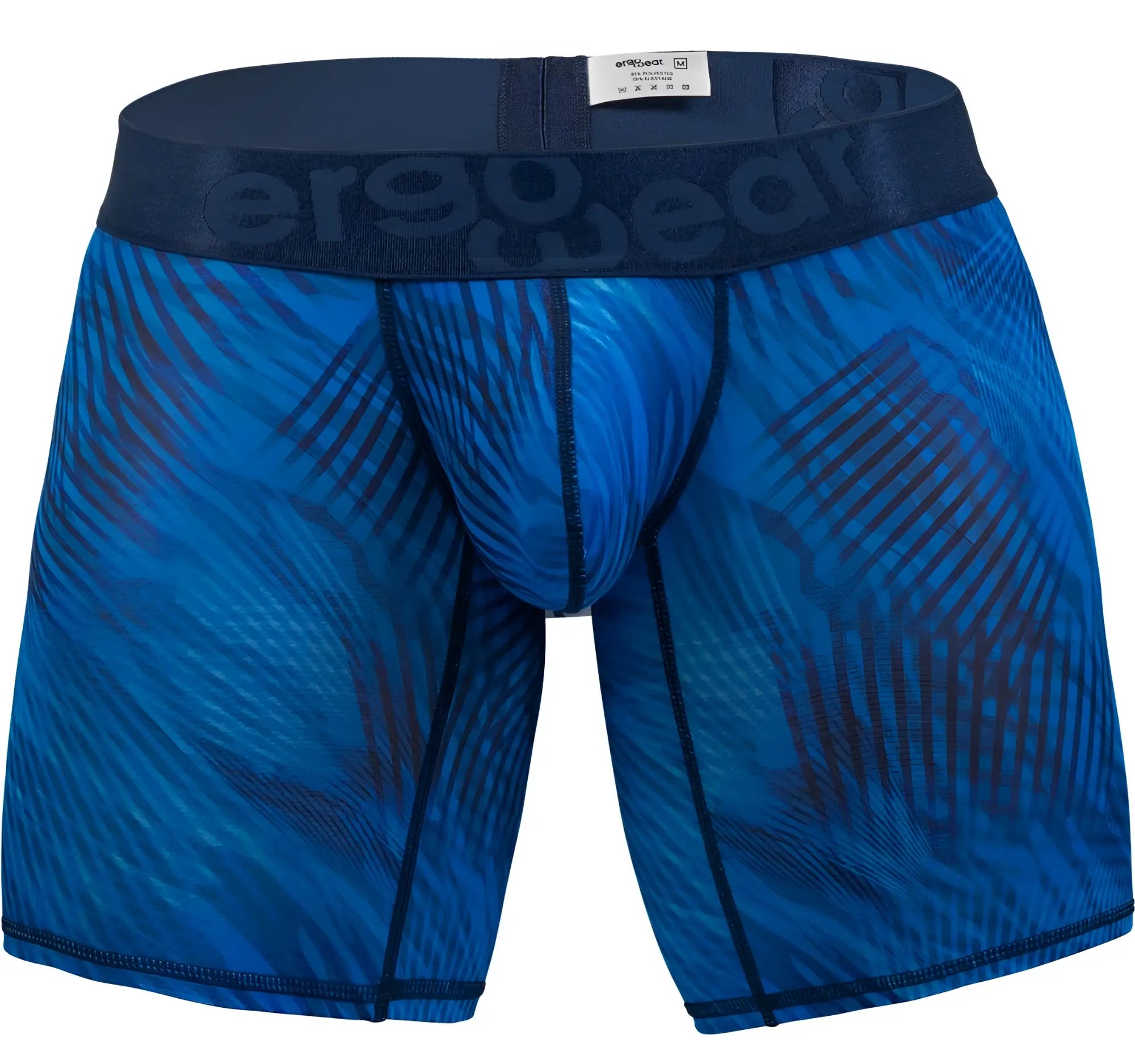 Blue patterned men’s boxer briefs with dark blue ergowear elastic waistband in mid blue color ew1819 max bold se