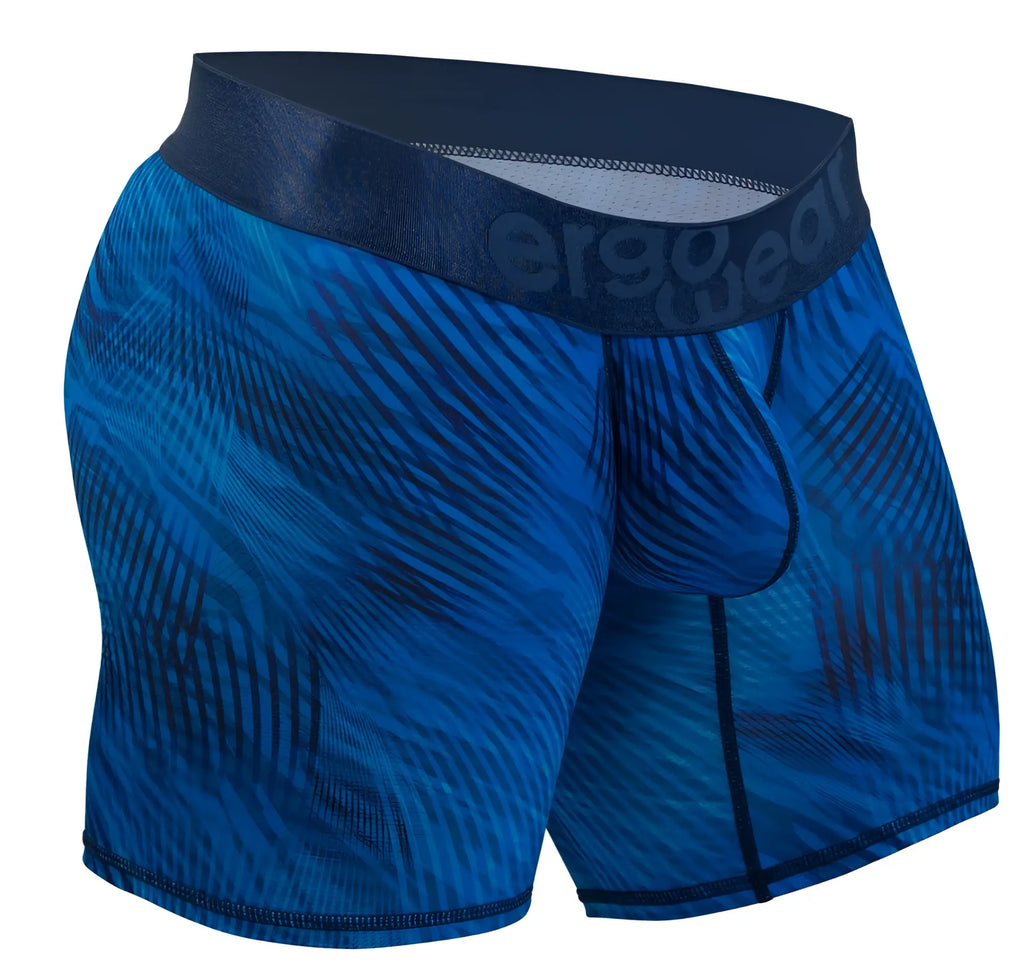 Blue patterned men’s boxer briefs with dark blue ergo wear waistband in mid blue from ergo wear ew1819 max bold se collection