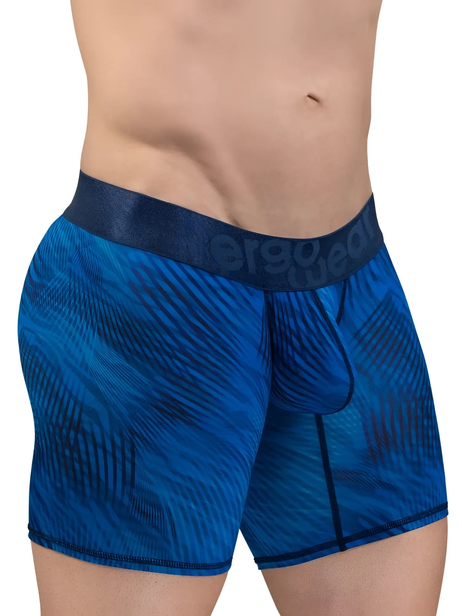 Blue patterned men’s boxer briefs with dark blue ergogear waistband mid blue color ergonomic fit