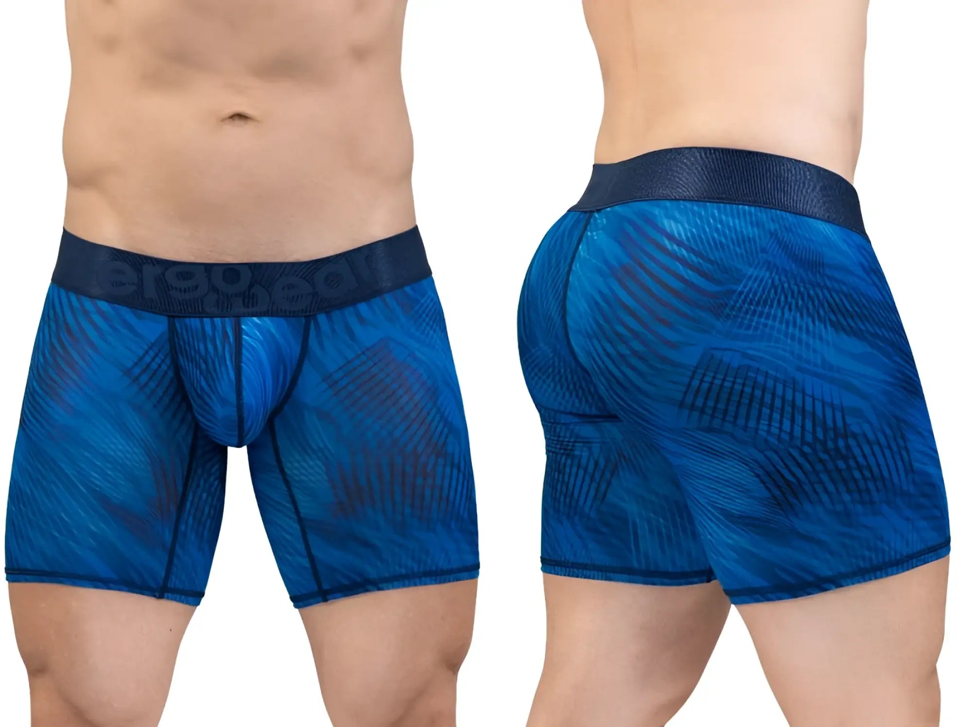 Blue patterned men’s boxer briefs with dark blue elastic waistband from ergowear ew1819 max bold se in mid blue color
