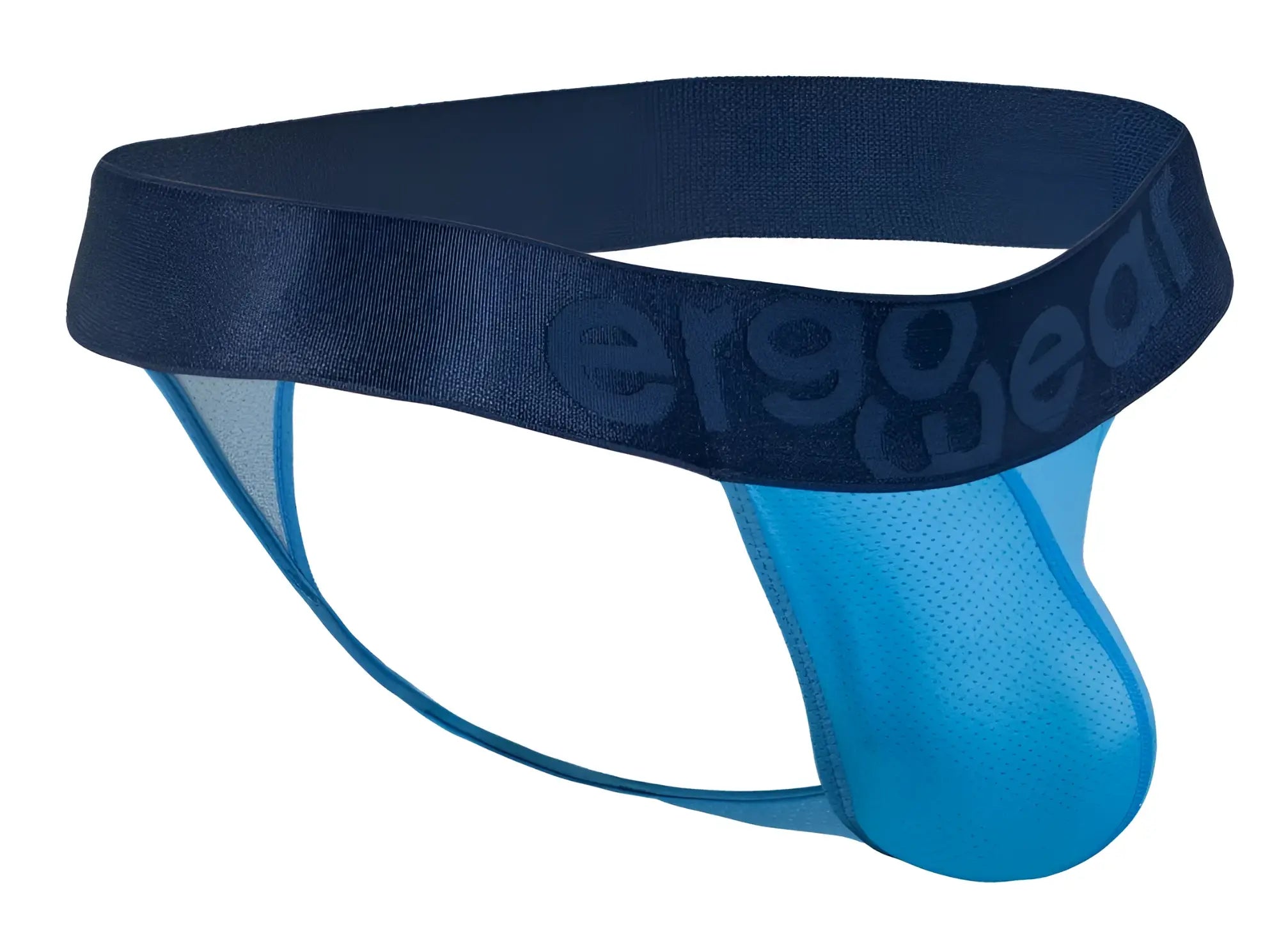 Navy blue and bright blue mesh athletic brief with ergo gear branded waistband in ergo wear ew1820 max bold se g-string color river blue