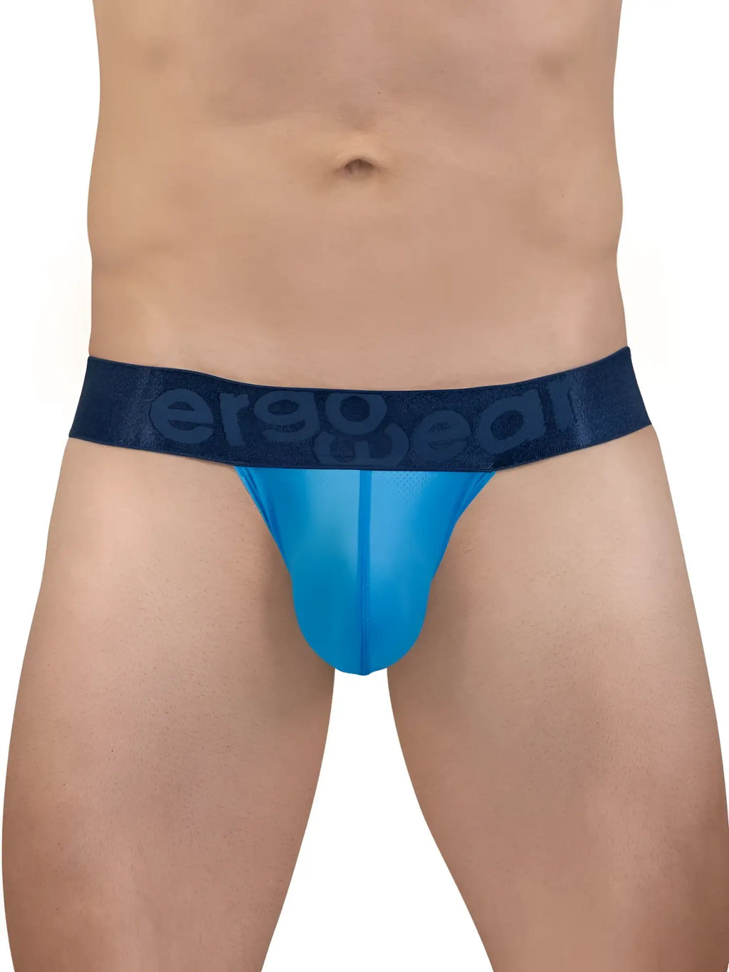 Blue sheer mesh briefs with dark blue elastic waistband featuring ergogear logo from ergowear ew1820 max bold se g-string river blue