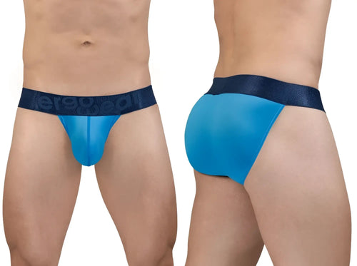 Blue mesh briefs with dark blue elastic waistband and erso logo from ergowear ew1821 max bold se bikini river blue collection