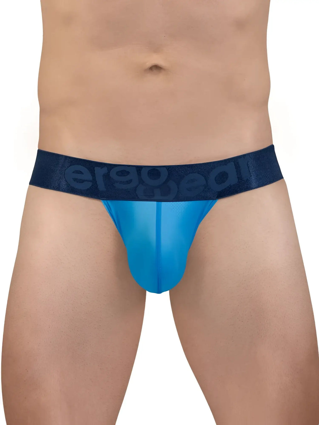 Blue sheer men’s briefs with a dark blue ergo wear waistband in river blue from the ew1821 max bold se bikini line