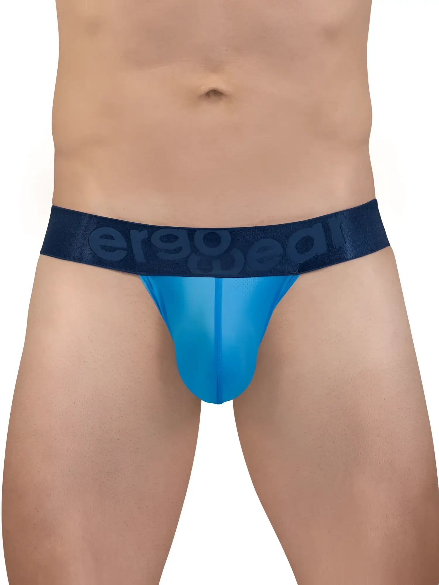 Blue sheer men’s briefs with a dark blue ergo wear waistband in river blue from the ew1821 max bold se bikini line