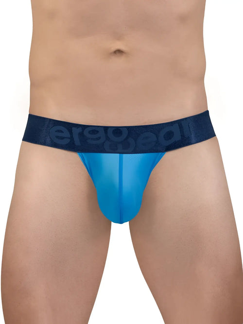 Blue sheer men’s briefs with a dark blue ergo wear waistband in river blue from the ew1821 max bold se bikini line