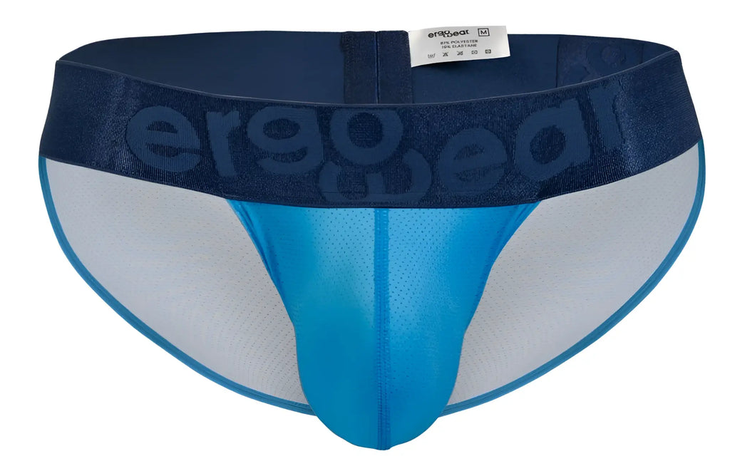 Blue and white ergowear ew1821 max bold se bikini briefs with mesh design and ergogear logo on the waistband