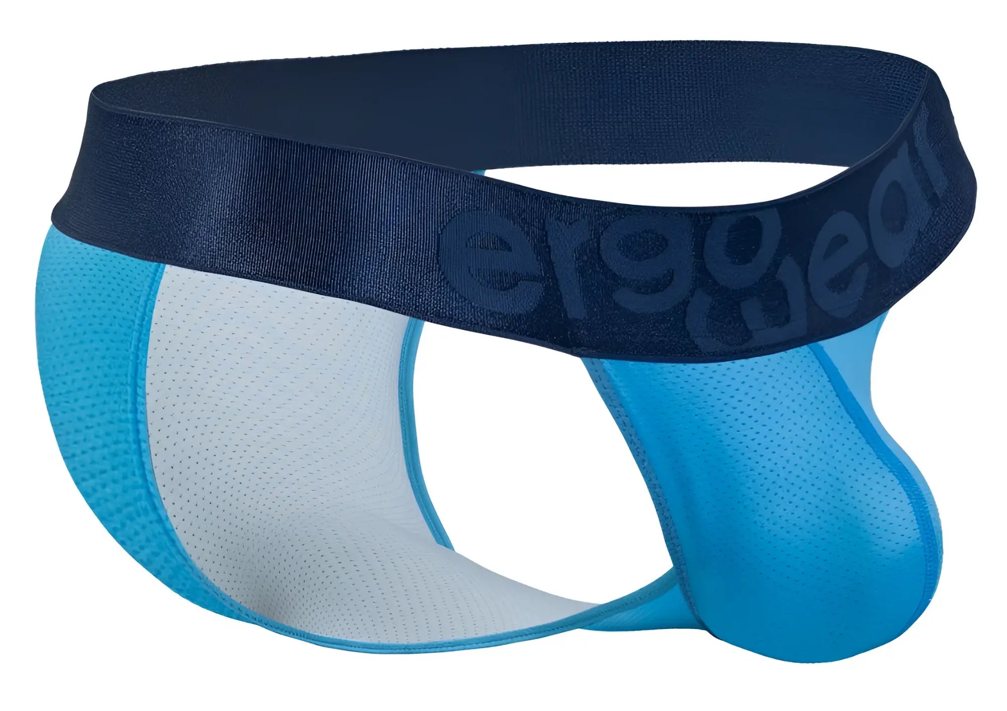 Blue and white mesh athletic briefs with navy ergo wear waistband in river blue color for active use