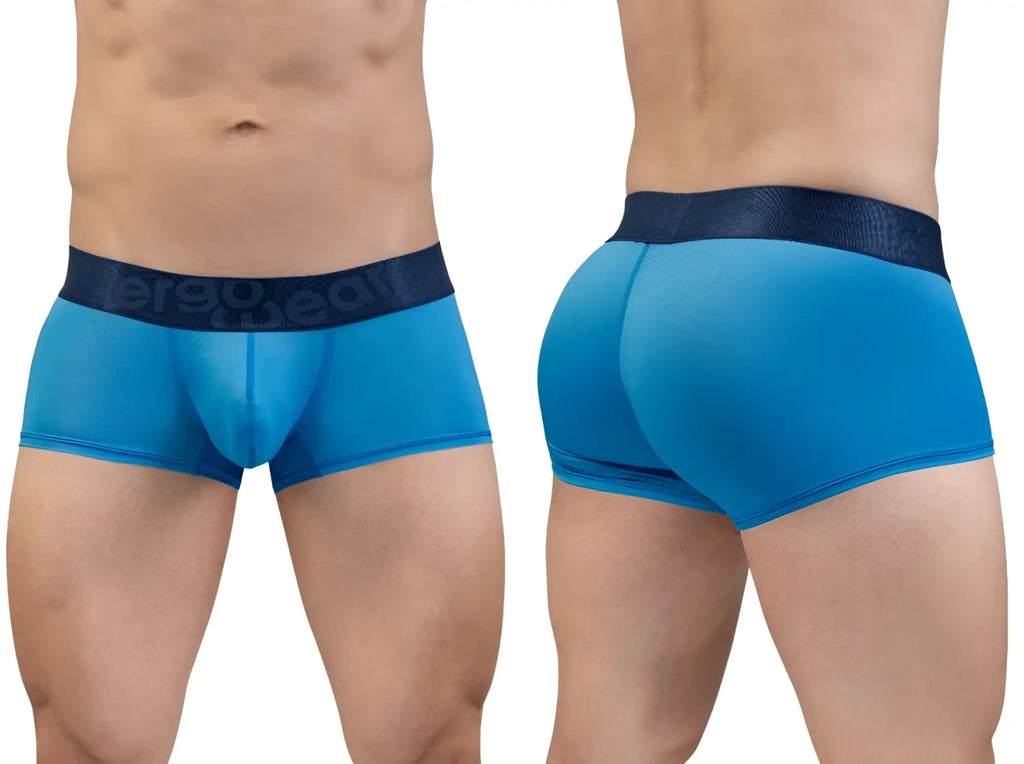 Blue mesh briefs with a dark blue ergonomic waistband featuring the ergodeal logo in river blue color