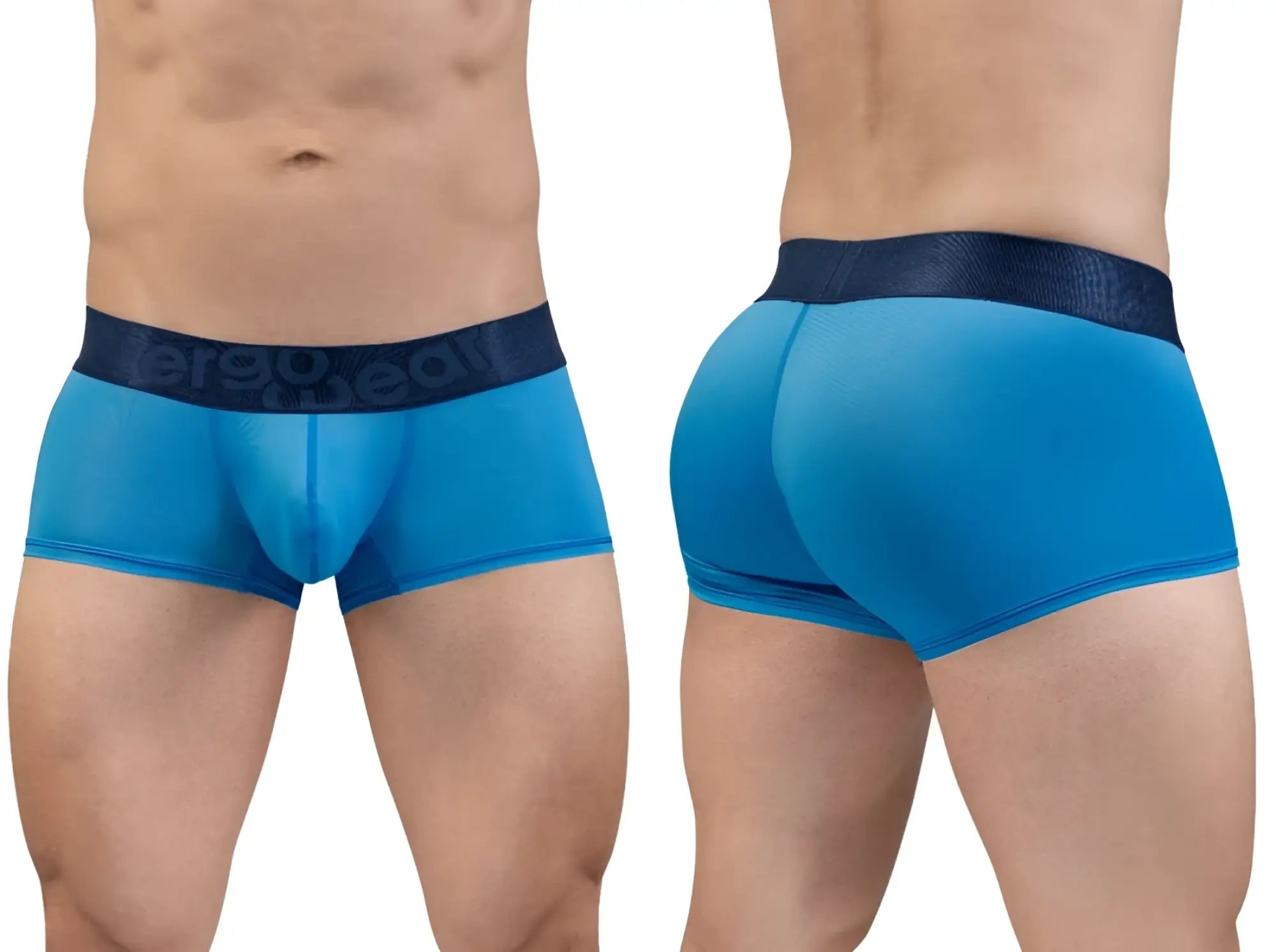 Blue mesh briefs with a dark blue ergonomic waistband featuring the ergodeal logo in river blue color